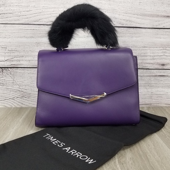 NEW Time\'s Arrow Ava Leather Mini Satchel Bag purse with Sheep Fur Purple $328